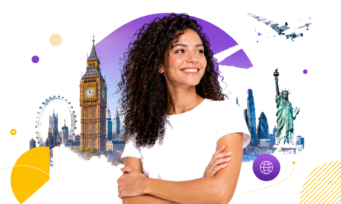 Aluna sorrindo com Big Ben, London Eye e Estátua da Liberdade ao fundo